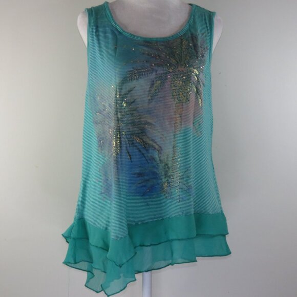 Cato Women's Green & White Striped Tank Top with Palm Trees Size L (C1641) - Picture 2 of 7